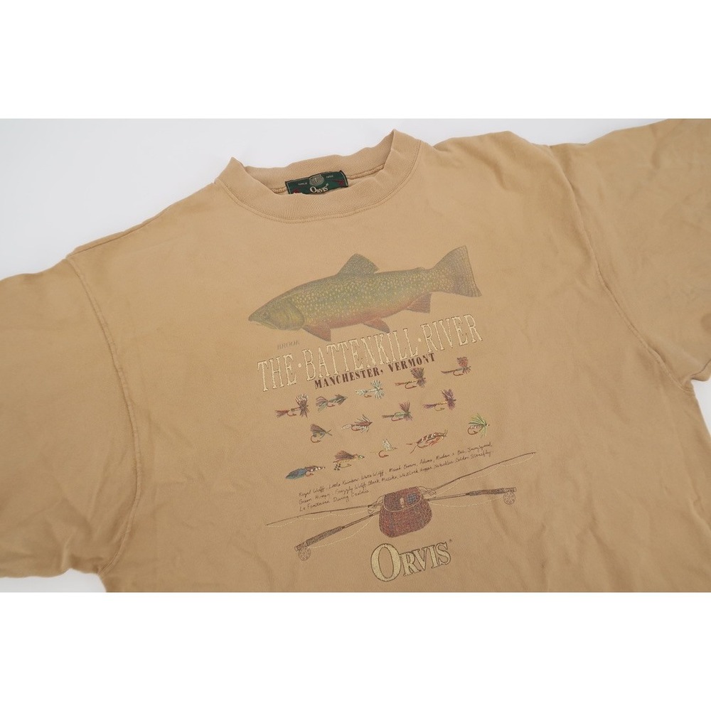 Vintage Orvis T-Shirt Men XL Tan Battenkill River Fly Fishing Brook Trout USA